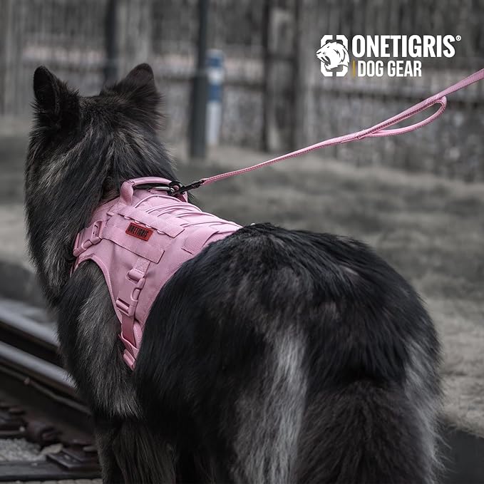 OneTigris Pink Dog Harness Leash Collar Set,Adjustable Dog Vest Harness for Walking Hiking Training(Medium)-PawvioPets