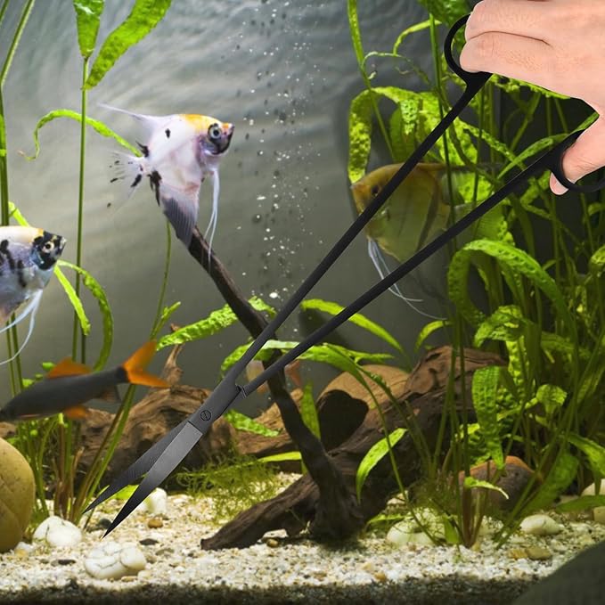 15Inch Extra Long Design Aquarium Aquascaping Tool Stainless Steel Aquascape Tools Kit 4 in 1 Anti-Rust Fish Tank Starter Kit with Long Tweezers Scissors Spatula for Aquarium Plants (Black)-PawvioPets