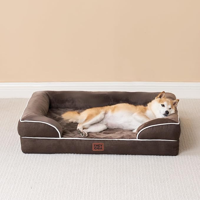 EHEYCIGA Orthopedic Dog Beds for Large Dogs, Waterproof Memory Foam Large Dog Bed with Sides, Non-Slip Bottom and Egg-Crate Foam Pet Couch Bed with Washable Removable Cover, Brown-PawvioPets