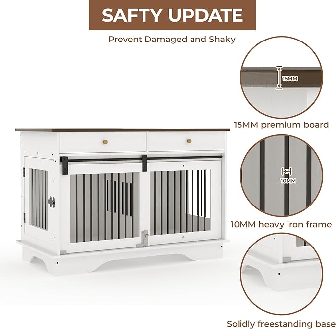 Dog Furniture Crate, 47" Large Dog Crate Furniture w/ 2 Storage Draws & Removable Divider for Large/Medium/Small Dogs (White, One Cage)-PawvioPets