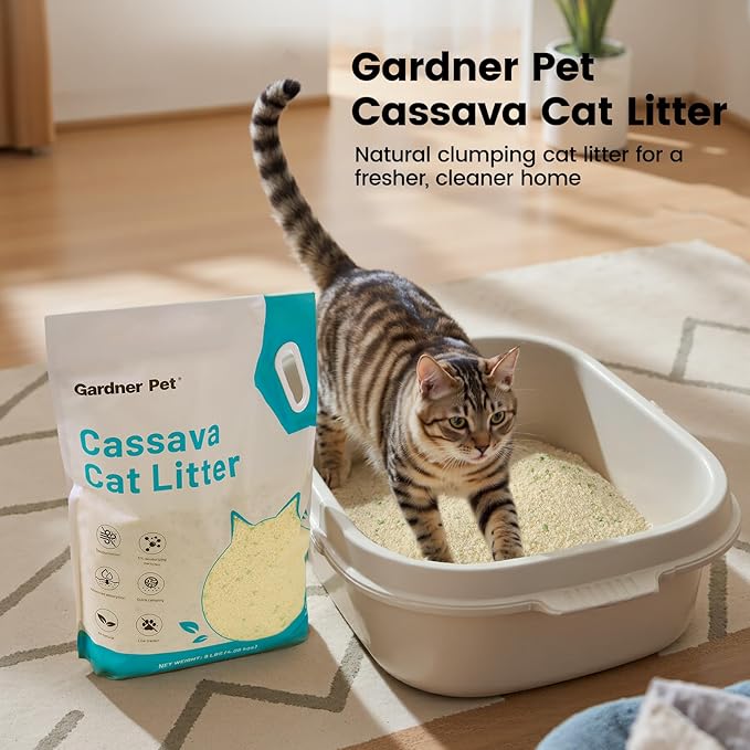 Gardner Pet Cassava Cat Litter, Clumping Cat Litter with Odor Control, Low Dust, Natural Plant-Based Litter, Fast Absorption & Low Tracking Kitty Litter, Unscented with Deodorizing Pellets (9LBS*2)-PawvioPets
