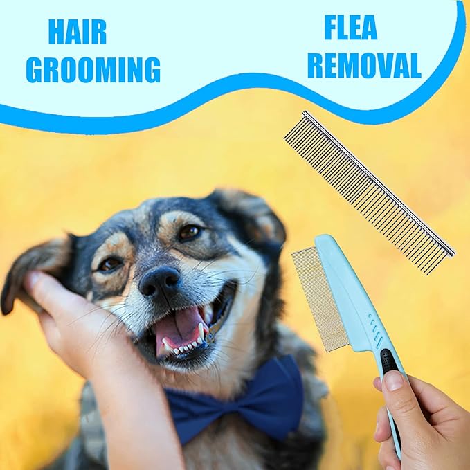 Dog Brush Grooming Kit 5PCS - Dog Brushes for Grooming, Dog Brush for Shedding,Puppy Brush and Flea Comb for Dogs, Slicker Brush Comb and Dog Hair Brush Set Blue-PawvioPets