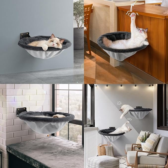 Cat Hammock Wall Mounted, Foldable & Stable Cat Beds- Breathable Cats Wall Shelves for Sleeping, Playing, Climbing, and Lounging - Maximum Hold Up to 30lb(Gray,Faux Rabbit Fur)-PawvioPets