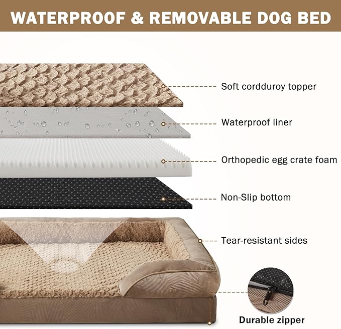 INVENHO Orthopedic Large Dog Bed, Washable Waterproof, Egg-Crate Foam Dog Couch Bed with Washable Removable Cover, Waterproof Lining and Nonskid Bottom-PawvioPets
