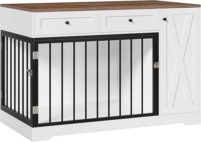 Dog Crate Furniture Kennel with Double Doors Wooden Pet House with 2 Drawers and Storage Cabinet, Indoor Dog Cage Farmhouse Modern Side End Table for Small Medium Dogs, White-PawvioPets
