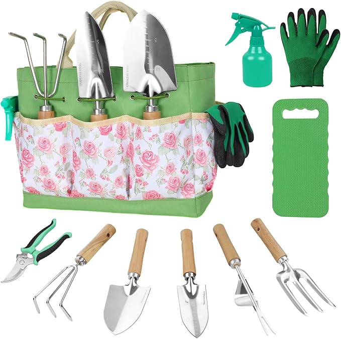 Garden Tool Set,10 Piece Garden Kit,Heavy Duty Stainless Steel Gardening Hand Tools with Durable Storage Tote,Rust-Proof Garden Tools,Gardening Gifts for Women Men Pink Floral Pattern Design-PawvioPets