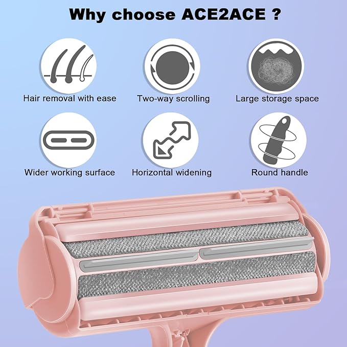 ACE2ACE Pet Hair Removal Tool, Lint Roller Brush for Cats and Dogs, Reusable Self Clean Pet Fur Remover, Pet Hair Remover for Laundry, Carpet, Furniture, Couch, Sofa and Bedding (Pink)-PawvioPets