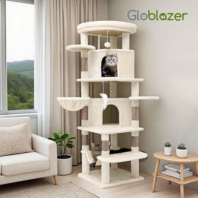 Globlazer Corner Cat Tree Tower for Large Cat, 66inch Tall Large Cat Tree Condo for Multiple Indoor Cats with 6 Scratching Posts, 2 Spacious Cat Condos, Soft Hammock, Hanging Basket, C66, Light Beige-PawvioPets