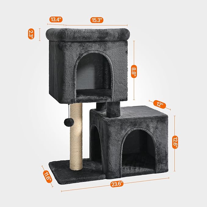 Amazon Basics 30 inch 2 Story Condo Cat Tree with Scratching Posts for Indoor Cats up to 16 lbs, Activity Center with Cozy Perch, Replaceable Hanging Pompom, Dark Gray-PawvioPets