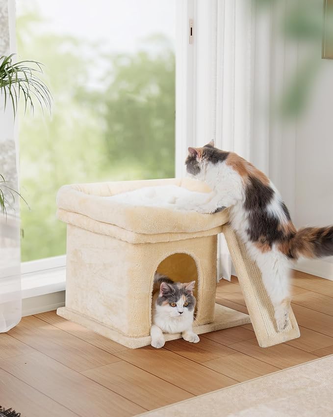 14in Cat Tree Tower with Large Perch, 20 * 16.5 Inch Top Bed for Adult Cats, Scratching Post with Bed for Kittens, Beige-PawvioPets