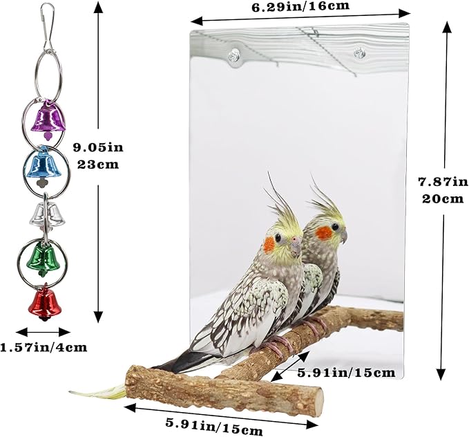 Bird Mirror Toy with Perch Stand, Parrot Parakeet Mirror with Bird Swing Bell Toys, Bird Cage Accessories, Suitable for Parakeet Cockatiel Conure Lovebirds - 7.9 × 6.3 Inch-PawvioPets
