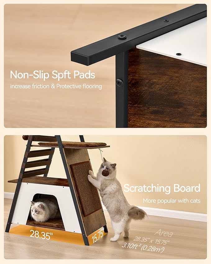 FourFurPets 72.4" Modern Cat Tower for Indoor Cats - Multi-Level Condo With Caves, Tall Tree With Scratching Board, Wooden Tower With Large Perch, Removable Pads, Rustic Brown-PawvioPets