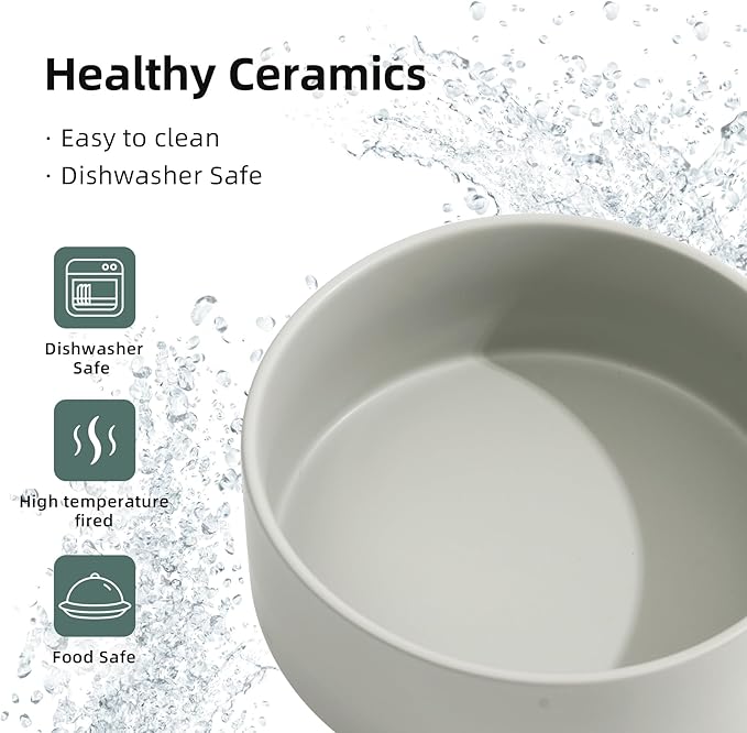 Ceramic Raised Double Bowls Set with Stand, Food & Water Bowls for Large Breed Dogs, Weighted Dog Dishes, Pet Bowl(8.2'',60OZ, Grey)-PawvioPets