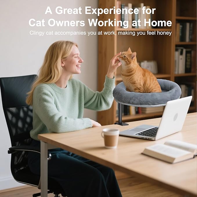 Cat Desk Bed with Summer Colling Mat, 360° Rotating & Height Adjustable Indoor Cat Nest, Large Desktop Cats Perch for Home Offcice Space Saving, Supports Up to 40 lbs, Machine Washable Removable Cover-PawvioPets