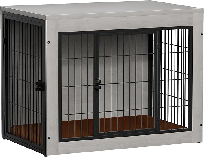 Bigrab Dog Crate Furinture with Thick Cushion, Side End Table Wooden Dog Cage with Double Doors, Chew-Resistant Dog Kennel Dog House Indoor for Small to Large Dog, M (Grey)-PawvioPets