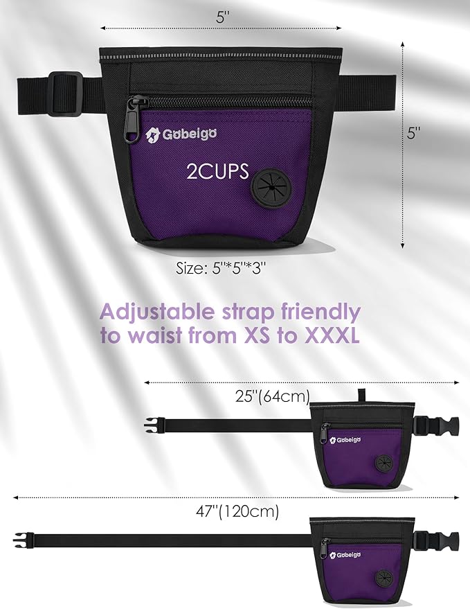 Gobeigo Dog Treat Pouch and Training Clicker, Upgrade Two Magnetic Closure to Prevent Spills, 2 Cup Treat Bag with Poop Bag Dispenser, Metal Clip Waist Belt Fanny Pack for Pet Walk (Black/Purple)-PawvioPets