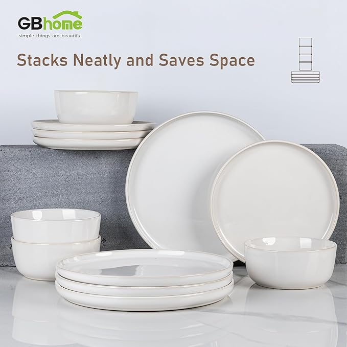 GBHOME Ceramic Dinnerware Sets for 4, 12 Pieces Stoneware Plates and Bowls Sets, Reactive Glaze Dishes -Scratch Resistant, Dishwasher&Microwave Safe-Star White-PawvioPets