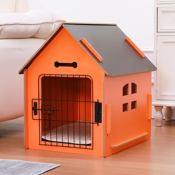 Dog House Indoor for Small Dogs or Cats, Cozy Wooden Design, Small Indoor Bed House, with Air Vents and Elevated Floor Warm Dog Cave (Orange)-PawvioPets