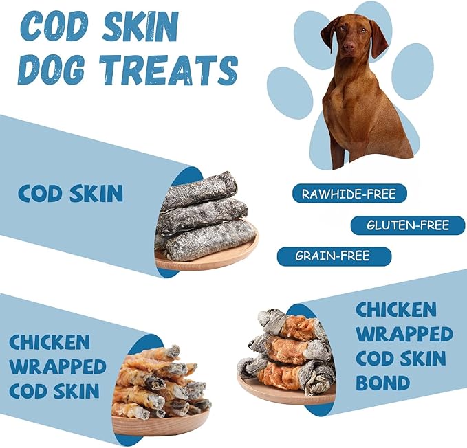 Dog Treats Natural Cod Skin Rolls, Rawhide-Free Chewy Fish Skin Dog Chews, One-Ingredient Healthy Training Treats Rich in Omega3 & Protein, 10.6 oz-PawvioPets