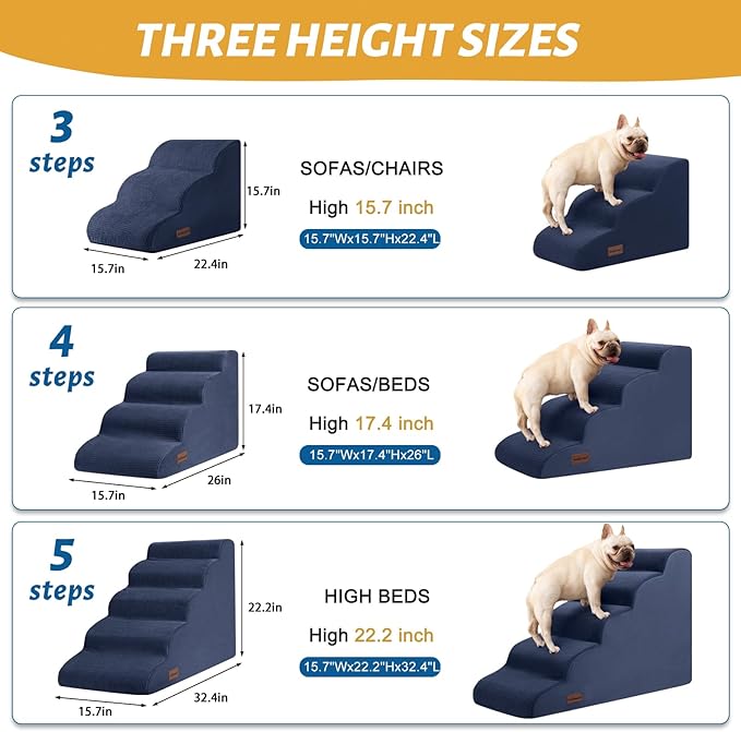 Dog Stairs and Steps for Beds Or Couches, 3-Step Pet Stairs & Steps for Small Dogs and Cats, Soft and Non-Slip Dog Ramp for Older Dogs,Pet with Joint Pain,Easy to Walk-PawvioPets