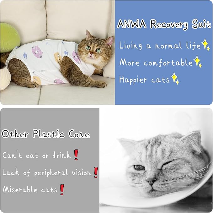 ANWA 2 Pack Cat Recovery Suit - Breathable Cat Onesie for Cats After Surgery Female, Kitten Surgery Recovery Suit Female Abdominal Wounds-PawvioPets
