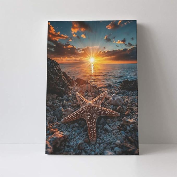 Beach Starfish Wall Decor Ocean Starfish Wall Art Sunset Scenery Coastal Theme Pictures Canvas Nature Seascape Painting Print Framed Artwork Decorations for Home Bathroom Living Room Bedroom Office 16"x24"-PawvioPets