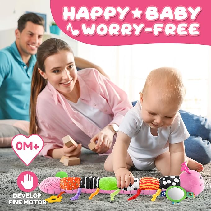Baby Toys 0-6-12 Months,Musical Caterpillar Stuffed Animals Activity Infant Toys with Crinkle,Rattles,Mirror&Pull String,Muti-Sensory Toys Gifts for Newborn Tummy Time,Pink,Knot prolegs-PawvioPets