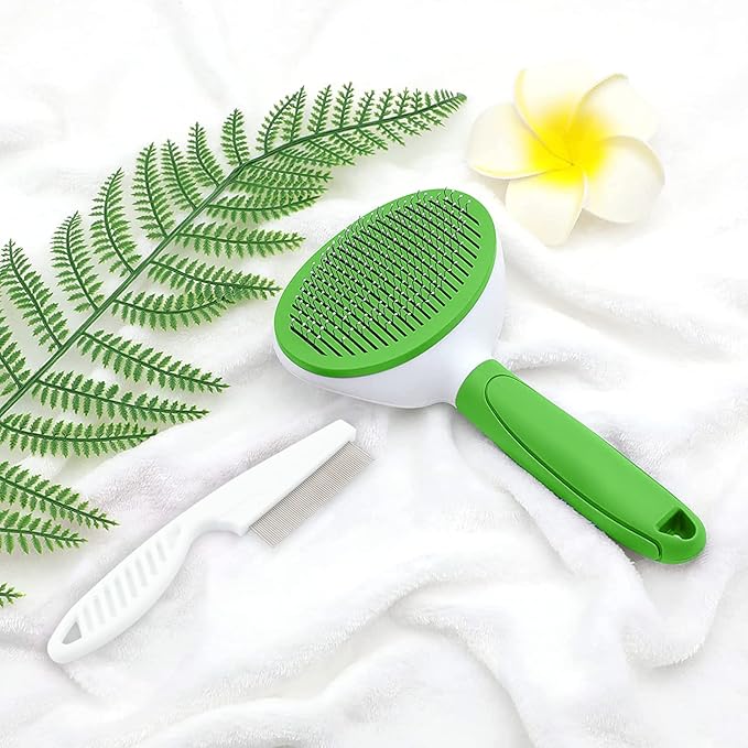 Cat Brushes for Indoor Cats, Dog Brush for Shedding with Metal Cat Comb, Self Cleaning Pet Hair Brush with Release Button for Grooming Kitten(Green)-PawvioPets