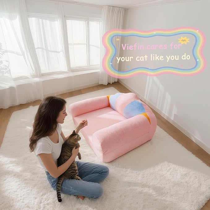 Cute Cat Couch with Soft Pillow, Supportive Dog Couch, Cat Sofa with Removable Cover,Cute Rainbow Shaped, 24 Inch-PawvioPets