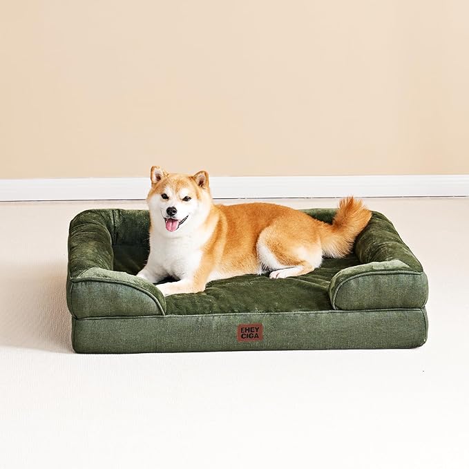 EHEYCIGA Orthopedic Dog Beds for Extra Large Dogs, Waterproof Memory Foam XL Pet Bed with Sides, Non-Slip Bottom and Egg-Crate Foam Big Dog Couch Bed with Washable Removable Cover, Dark Green-PawvioPets