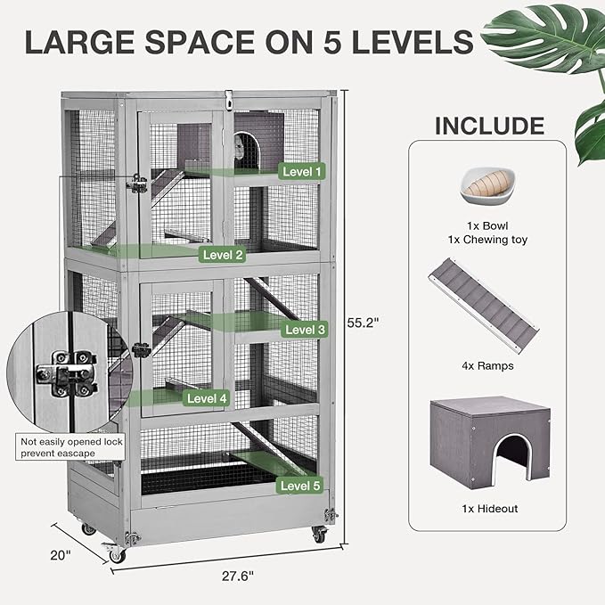 Ferret Cage Rat Cage Indoor Outdoor, Large Guinea Pig Cages with 5 Levels, Wooden Chinchilla Cage with Wheels for Hamster, Chameleon, Gerbils and Other Small Animals Anti-Chewing-PawvioPets