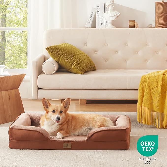 Bedfolks Orthopedic Dog Bed, Waterproof Dog Sofa Bed for Large Dogs, Egg Foam Pet Couch Bed with Removable Washable Cover and Nonslip Bottom, Brown-PawvioPets