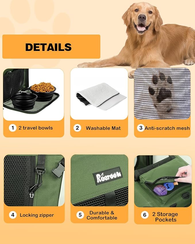 Extra Large Dog Crate with 2 Foldable Bowl, 40 Inch Collapsible Travel Dog Crate Kennel with Soft Blanket for Medium Dogs,Indoor & Outdoor (40" L x 27" W x 27" H, Green)-PawvioPets