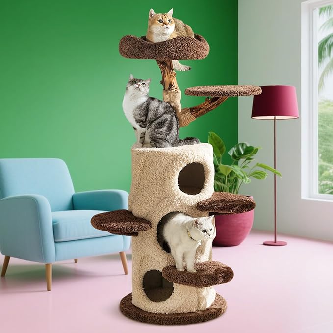 54.7'' Modern Cat Tree for Indoor Cats Large Adult, Wood Cat Tree with 3 Spacious Condos, Luxury Cat Tower with Cozy Perch, Scratching Post, Sturdy Kitty House Furniture for Small Medium Large Cats-PawvioPets