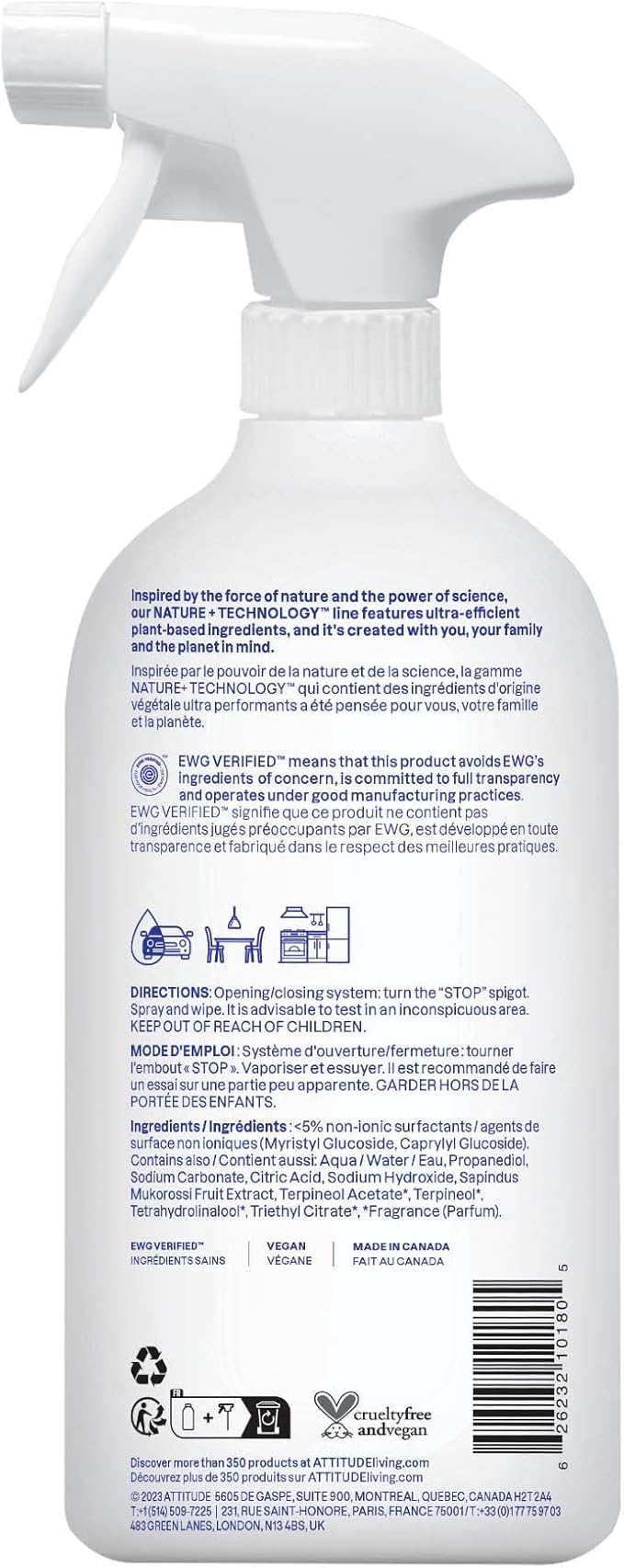 ATTITUDE All Purpose Cleaner Spray, EWG Verified, Vegan, Made with 94% Plant-Based Ingredients, Streak-Free for Kitchen, Bathroom, Glass & More, Citrus Zest Scent, 27.1 Fl Oz-PawvioPets