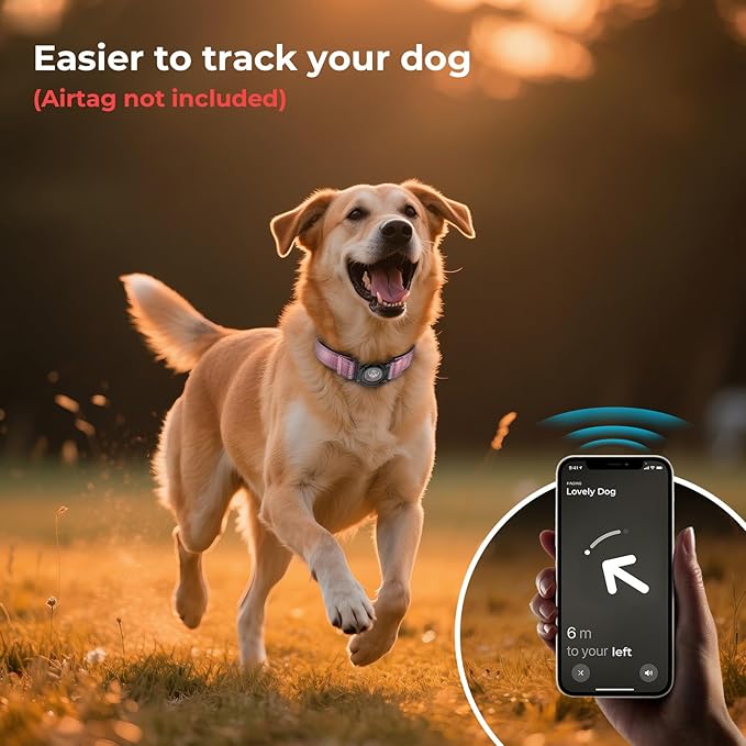 2025 Upgrade Airtag Dog Collar, Reflective Dog Collar with Airtag Holder, IP68 Waterproof| Metal Buckle| Ultra-Durable| Comfortable Padded, GPS Dog Collars for Medium Large Dogs (Pink,M)-PawvioPets