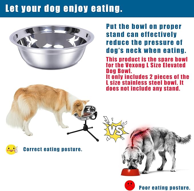 2 Pack, L Size Bowls, Matches Vexong L Size Elevated Dog Bowl Stand, for Dogs Between 60 and 100 lb, Stainless Steel Dog Bowl, Capacity 0.8 Gal / 12.5 Cup / 106 Oz / 3 Liter, Rustproof, Durable,-PawvioPets