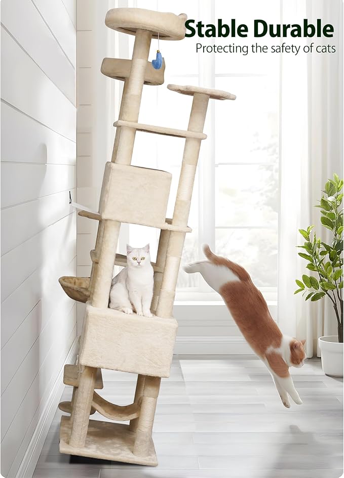 85inch Heavy Duty Cat Tree for Indoor Cats Large Adult, Tall Giant Cat Tower with Scratching Post, Large Perches, Cozy Cat Condos & Hanging Hammocks, Beige-PawvioPets