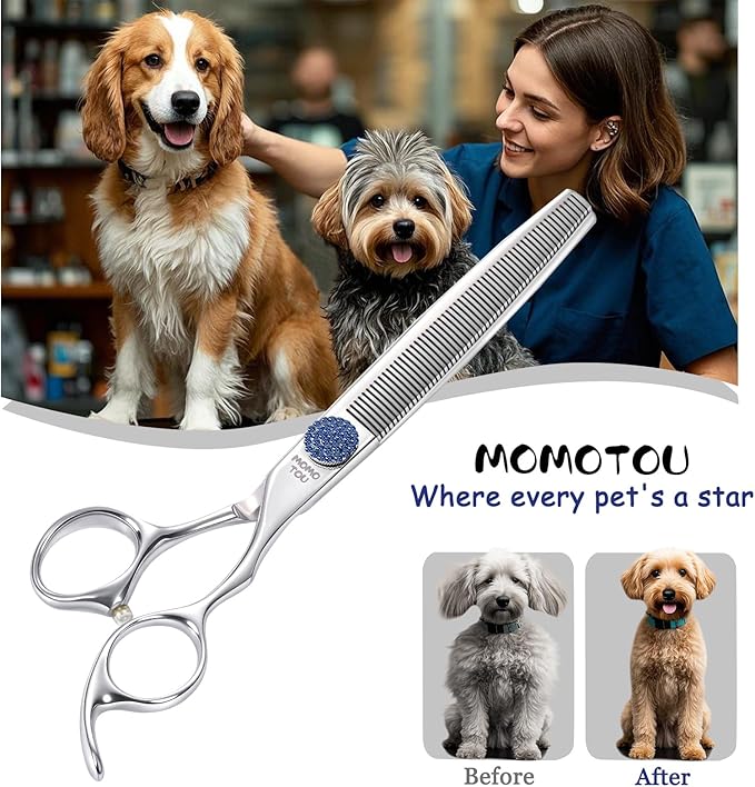 7.5'' Dog Grooming Scissors CNC 440C Blades Sharp and Durable Polished Thinning Dog Shears with Blue Diamond Adustable Screws Easy to Use for Groomer and Home User-PawvioPets