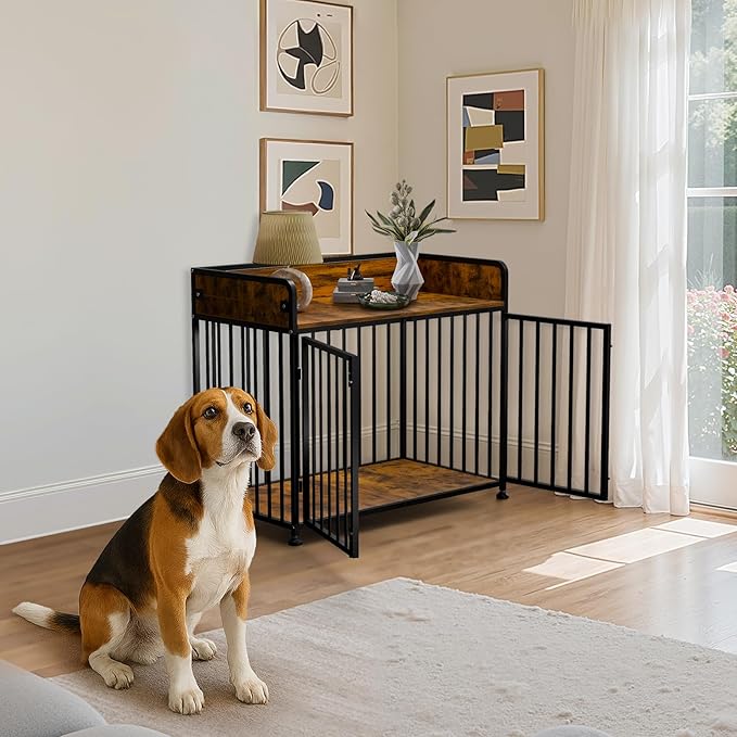 Dog Crate Furniture End Table with Table Guardrail, Heavy Duty Large Dogs Cage, 42 Inch Dog Kennel, Medium Large Dogs House Decorative Pet Crate Indoor-PawvioPets