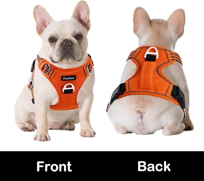 Funfox Dog Harness No Pull, Adjustable Pet Vest Harness, Super Soft Material with Vertical Handle Easy Control, Reflective Night Walking, 2 Leash Clips for Medium Sized Dogs, Orange, M-PawvioPets