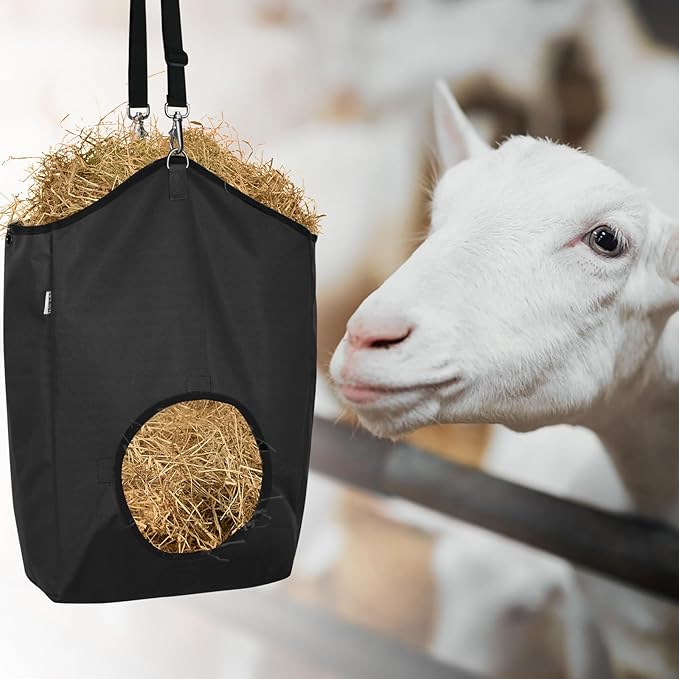 3 Packs Goat Hay Feeder,Hay Bags for Goats,Horses,Sheep,Premium 600D Oxford Cloth,with Metal Fastener and Adjustable Open Feed Hole for Slow Feeding. (1 Black+2Grey)-PawvioPets