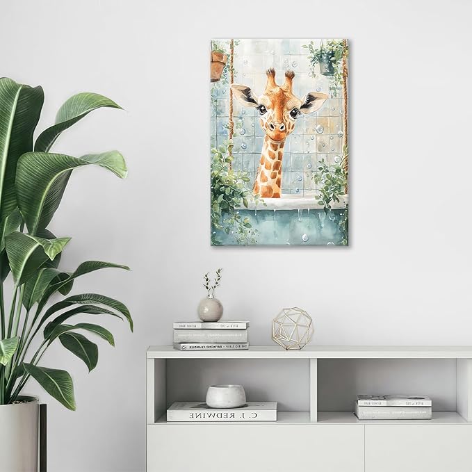Bathroom Funny Giraffe Pictures Wall Art, Watercolor Giraffe Bathroom Wall Decor, Animal Framed Painting Canvas Artwork for Living Room Decorations 24"L x 16"W-PawvioPets