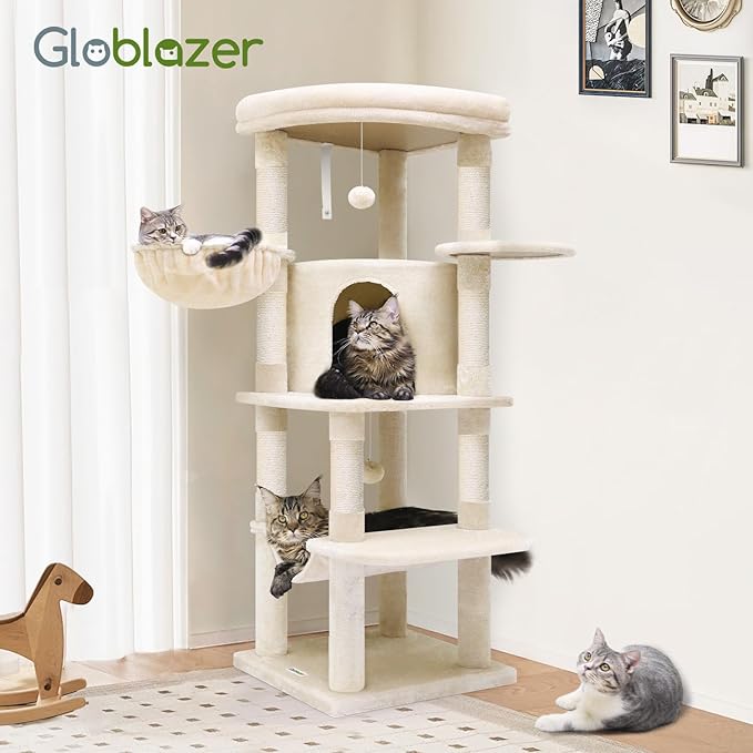 Globlazer Corner Cat Tree, 51in Curved Series Modern Cat Tower for Indoor Cats with Hammock, 7 Sisal Scratching Posts, Large Fan-Shaped Platform for Large Cats, Cat Condo & Hanging Basket, C51, Beige-PawvioPets