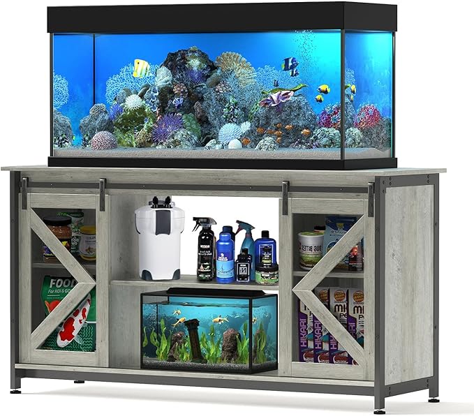 55-75 Gallon Aquarium Stand Heavy Duty Steel Frame, Fish Tank Cabinet with Accessories Storage for Reptile Terrarium & Turtle Tank - 1000lbs Capacity (Grey)-PawvioPets