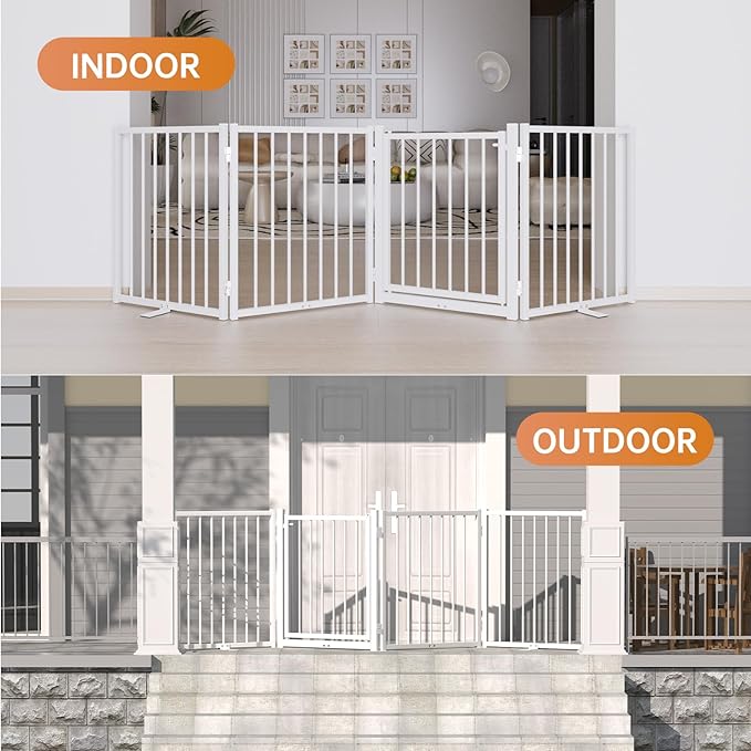 Full Metal Freestanding Dog Gate with Door, 24'' Height Foldable Pet Dog Fence for Indoor & Outdoor, 2 Panels Extra Wide Free Standing Small Dog Gates for Doorways,House,Stairs,Porch,Deck,Yard-PawvioPets