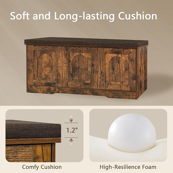 DINZI LVJ Shoe Bench, Entryway Storage Bench with Doors, Cushion, 2-Tier Shoe Rack with 6-Cubby, 39.4”L x 13.8”W Shoe Organizer Cabinet, Adjustable Shelf, Living Room, Bedroom, Rustic Brown-PawvioPets