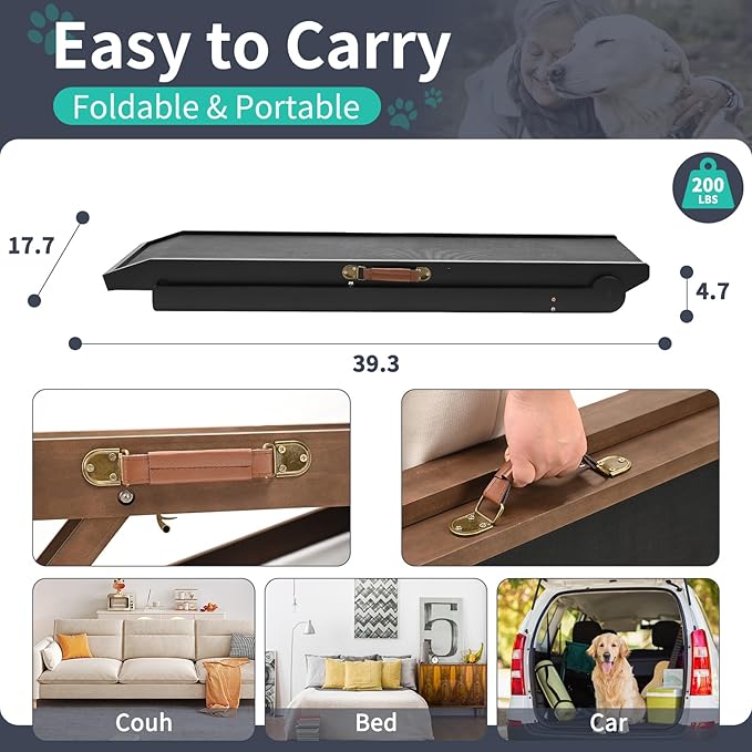 Dog Ramp, Adjustable Height Wooden Folding Pet Ramp for Bed, Couch,SUV-High Traction, Portable Paw Ramps for Small & Large Old Dogs & Cats - Furniture Quality-PawvioPets