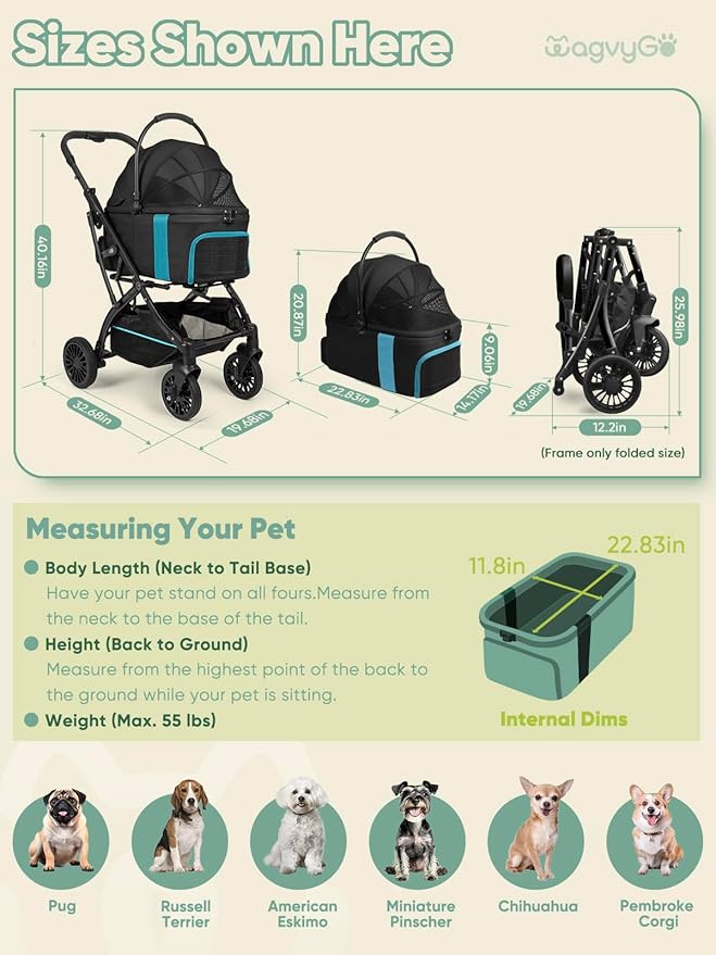 Dog Stroller, Cat Strollers, 5-in-1 Pet Stroller with Detachable Waterproof Carrier for Small/Medium Dogs Cats up to 55lbs, All-in-One Fold Without Detaching Carrier for Dogs Cats 10 lbs to 55 lbs-PawvioPets