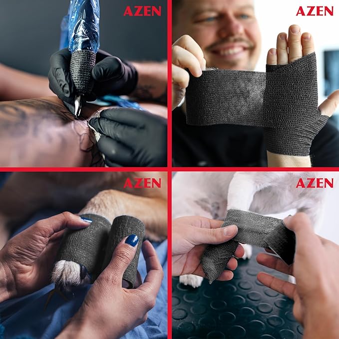 AZEN 8 Pack Self Adhesive Bandage Wrap, 2" X 5 Yards Elastic Cohesive Bandage Wrap, Black Athletic Tape, Vet Wrap, Ankle Tape, Tattoo Grip Tape Wrap-PawvioPets